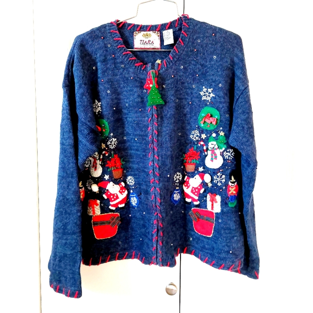 Christmas Tree Blue Cardigan Sweater Medium Tiara‎ Santa Drummer Boy Wreath